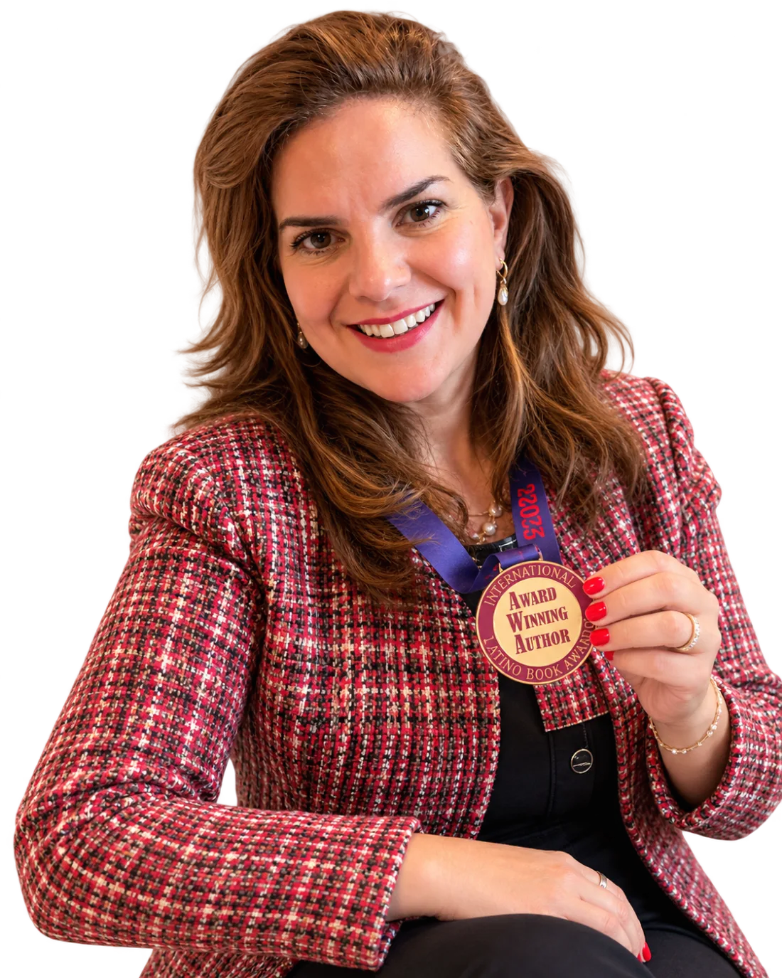 Despina Kozulcali con su medalla de Award Winning Author del International Latino Book Awards