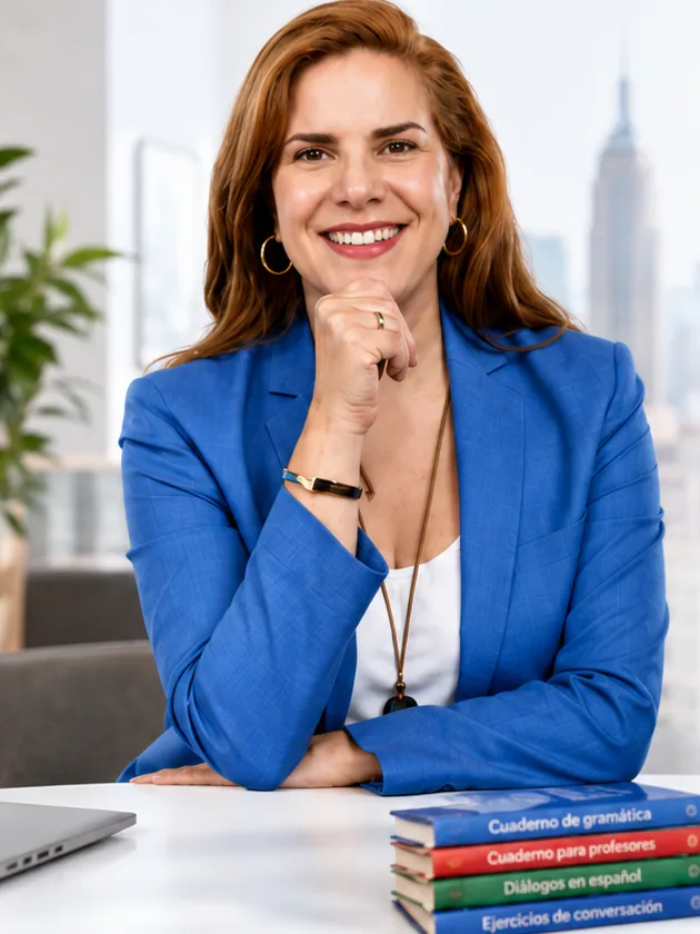 Despina Kozulcali en su oficina con vista a Nueva York