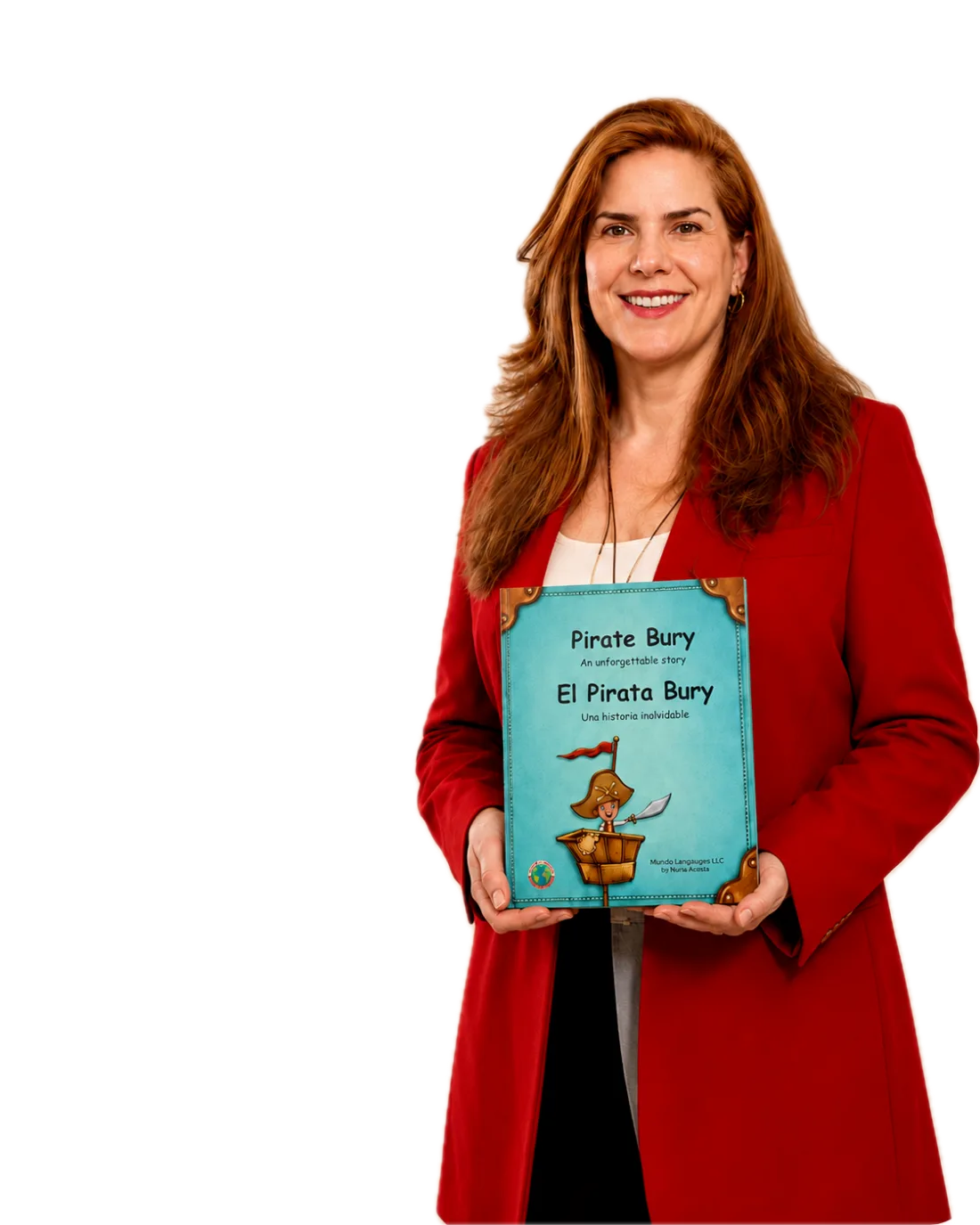 Despina Kozulcali sonriendo con el libro Pirate Bury · El Pirata Bury
