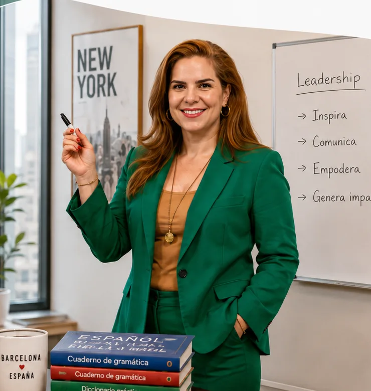 Despina dando clase frente a una pizarra en Nueva York