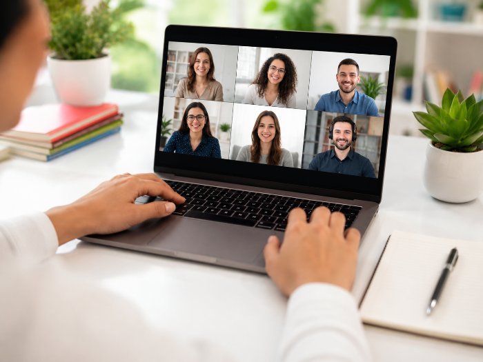 Videollamada grupal en un espacio moderno