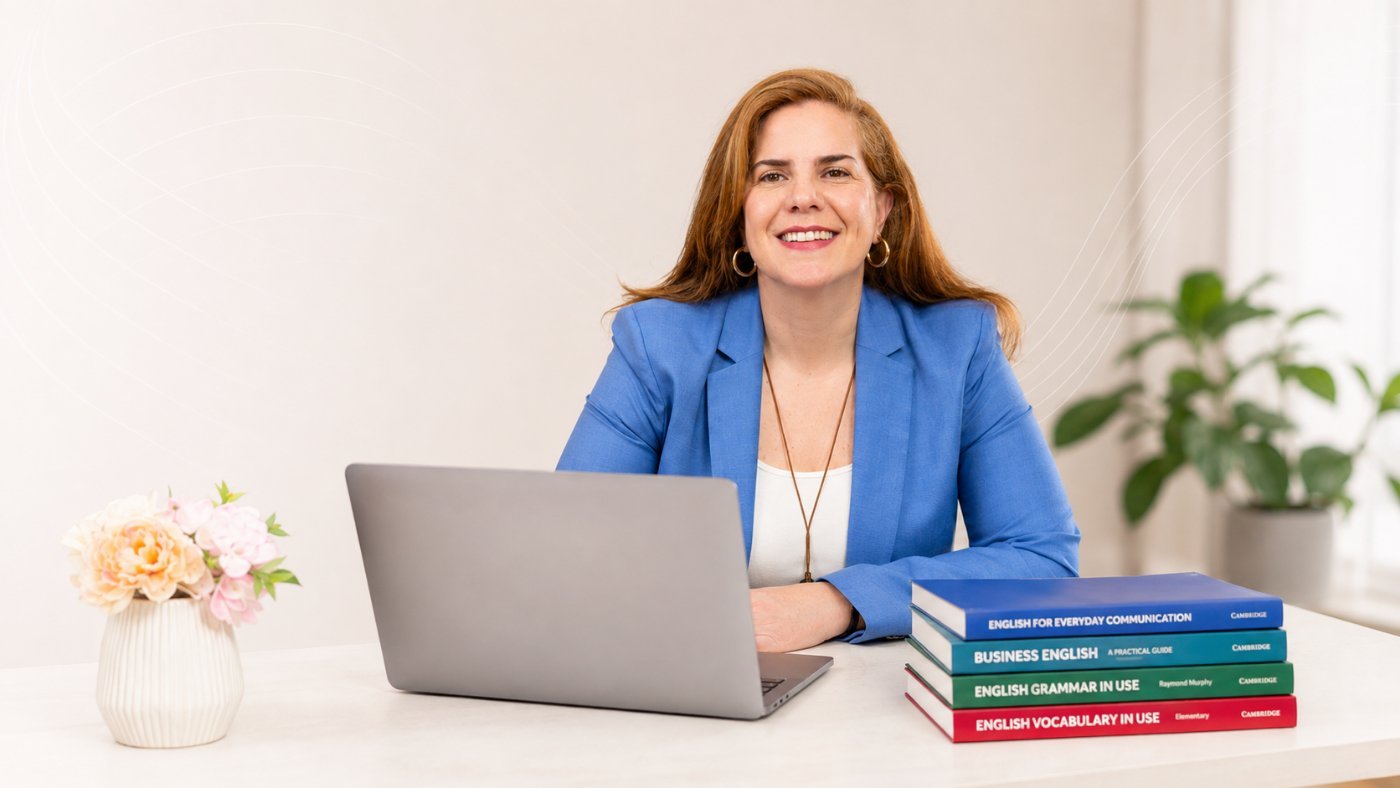 Despina Kozulcali en su escritorio con su laptop y libros de inglés
