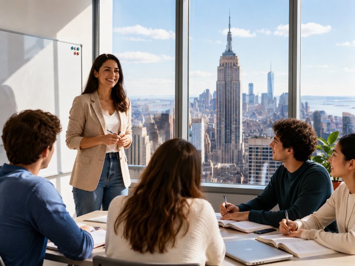 Clase presencial luminosa con vista a Manhattan