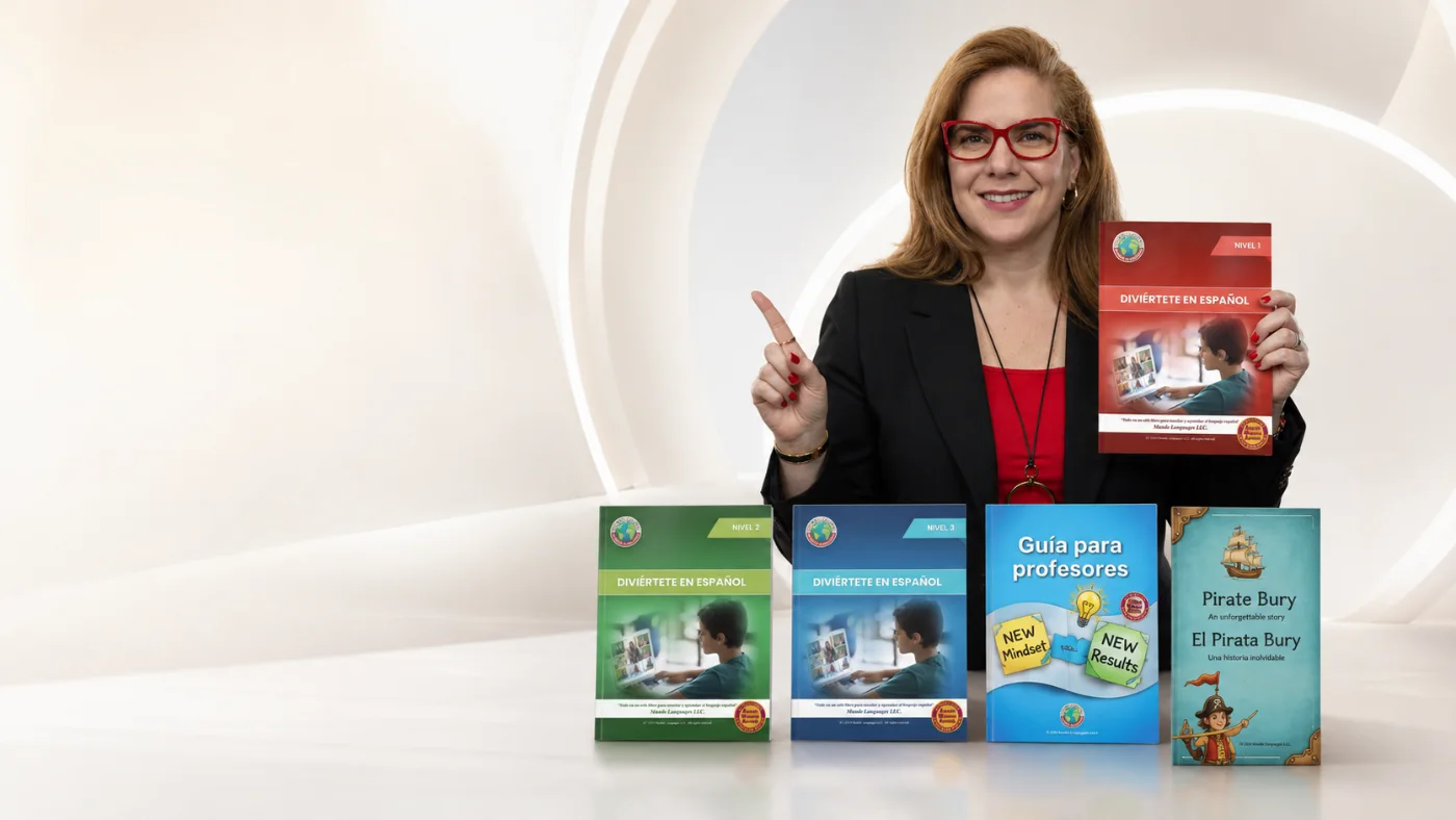 Despina Kozulcali con sus lentes rojos mostrando Diviértete en Español Nivel 1 junto a la colección completa